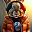 Placeholder: Rabbit toddler, smile, steampunk headphone, sunglass, gangsta neckless, full body, orange puffer jacket, tokio background, dramatic lighting, hyper realistic, unreal engine 5, 16k