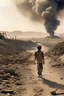 Placeholder: A 25-year-old wounded boy is walking in the desert with his head down, smoking a cigarette, and the scene of destruction is happening behind him