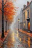 Placeholder: impressionism, oil, heavy impasto: dull and dreary deserted wet autumn cobbled grey street in a small town, heavy fog, (houses are grey:1.7), only (one:1.7) single fallen leaf on road, leaf in shades of pale orange and copper-red, autumn depression, melancholic vibe, unsaturated colors, faded palette, ground level view, deep low wide angle