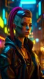 Placeholder: (Photorealistic:1.4) image of a cyber punk girl, (top-quality, 8K, 32K, masterpiece), (dynamic pose), ((facing camera)), (looking at camera), cowboy shot, shapeless hair, colorful hair, colorful cyberpunk clothing, depth of field f/1.8, cyberpunk city background, cinematic lighting.