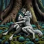 Placeholder: an anthropomorphic wolf-man hybrid in dark gray body hair and anthropomorphic wolf-female hybrid with pale gray body hair lie down hugging each other with paws on their backs on blue-green moss around brown huge trunks trees, raini day, high contrast, high detalied, high realistic, around in background giant tall alien trees, atmospheric, dark fantasy, sci-fi mood