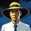 Placeholder: Gustavo Petro, comic style artwork, dark yellow, black and blue, wearing a wide-brimmed hat, wearing a white shirt, calm ando serious