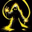 Placeholder: 90's TCG art retro fantasy art of a faceless hooded figure blasting yellow light beams out of hands