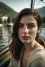 Placeholder: beautiful brunette woman, hazel eyes, pale skin, no makeup, freckles, sitting in a boat, in lake como, italy, photorealistic, 8k, highly detailed, soft lighting