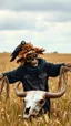 Placeholder: scarecrow with ugly scary face wearing a leaves hat and black clothes in by field of barely , crow is standing on his shoulders and a bull scull on the ground