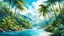 Placeholder: with palm trees and turquoise water watercolor royalblue green white flowers, a Pinas forest. Incredibly detailed, ultra high resolution, 8k, great depth of field, clear images, beautiful light, warm light, sharp edges