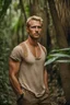 Placeholder: Very handsome blond man, 30 years old, male face, elegant, athletic prte, blue eyes, fulfilling challenges of courage in a dangerous jungle, suffering and bleeding wearing dirty and tattered clothes