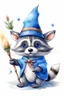 Placeholder: Create a watercolor clip art image with a white background of 3D baby raccoon as wizard