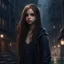 Placeholder: pretty girl, conventionally attractive, dark clothes, realism, dreamy, tight top, age 13, sorcerer, city