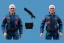 Placeholder: Mike Pence as G.I. Joe Doll toy With a gun space force Commander Blue fabric uniform, black Moonboot in plastic packaging