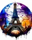 Placeholder: logo on transparent background paper, chromatic, zoom, sharp, realistic, splash of colors on a white background, a detailed golden purple sunset fire style, detailed realistic earth, Paris eiffel tower with light blue water, graffiti elements, powerful zen composition, dripping technique, & the artist has used bright, clean elegant, with blunt brown, 4k, detailed –n 9, ink flourishes, liquid fire, clean white background, zoom in, close-up