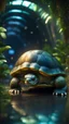 Placeholder: Austrich turtle with friendly cute face and hair locks in dark lit reflective wet jungle metallic hall dome hotel tunnel, in the style of a game,bokeh like f/0.8, tilt-shift lens 8k, high detail, smooth render, down-light, unreal engine, prize winning