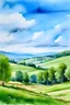 Placeholder: watercolor painting of landscape in french countryside, with trees and green hills in the background, with a blue sky and white clouds