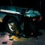 Placeholder: Minimal abstract oil paintings close up car parts and concrete fragments illuminated at night style of Justin Mortimer