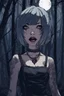 Placeholder: tattooed vampire girl showing fangs with short cropped cyberpunk hair wandering in tangled forest in the moonlight