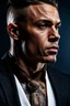 Placeholder: portrait of a 35 year old Handsome muscular male with light bronze skin adorned with tattoos. wearing an expensive suit. photorealistic