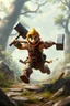 Placeholder: Male Fantasy RPG character, barbarian, chaabi kawaii Mario proportions, lord of the rings inspiration, with hammer, in a bounding run, cgi animation character