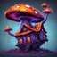 Placeholder: A weird mushroom house with drippy spots and eyeballs on a floating island. black purple blue orange Detailed gloss Painting, rich color, fantastical, intricate detail, splash screen, hyperdetailed, insane depth, concept art, 8k resolution, trendi
