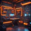 Placeholder: cyberpunk gun crafting station, orange lights, sci-fi room, robotics