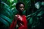 Placeholder: cinematic, photo, a young african woman dressed in a red glass dress, catwalk in the jungle, maison margiela, fashion movie, realistic skin, detailed face, Close-up shot, Canon EF 50mm f/1.2L USM lens on a Canon EOS 5D Mark IV camera