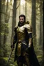 Placeholder: Photorgraphy powerful Guardian ranger of the forest of the Eladrin wearing gold and black leather armor