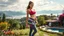Placeholder: a picture of very beautiful lady with makeup and beautiful sports pant and top and sports shoes with hula hoop in her waist,standing in a nice villa yard with trees flowers ,in country side in floor of beautiful mountains ,sea with ships ,water falls,16 by 9