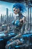 Placeholder: A beautyful biomechanical woman with tranparent glass body and blue hair, sitting in the cyberpunk rooftop bar in futuristic city, intricate details, HDR, beautifully shot, hyperrealistic, sharp focus, 64 megapixels, perfect composition, high contrast, cinematic