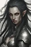 Placeholder: SA female elf with skin the color of storm clouds, deep grey, stands ready for battle. Her long black hair flows behind her like a shadow, while her eyes gleam with a fierce silver light. Despite the grim set of her mouth, there's a undeniable beauty in her fierce countenance. She's been in a fight, evidenced by the ragged state of her leather armor and the red cape that's seen better days, edges frayed and torn. In her hands, she grips two daggers, add dark shadow mystic purple flames