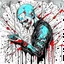 Placeholder: ultra cyberpunk, zombie eating, cyan-black, watercolor painting by fountain pen, ink drip, red splatter marks, dramatic kinetic scene, minimalist cartooning.