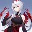 Placeholder: Genshin woman, Clear Focus High resolution, Calm Background, Light skinned woman, Black long beatiful hair, Red sparkling eyes, Red Horns, Black crop top, Black long bangs