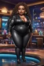 Placeholder: Create a digital airbrush chibi cartoon of a black plus size female wearing a black leather suit with black heels. Prominent make up with brown eyes. Highly detail black shiny locs that flow down her back. Extra-long diamond hoop earrings and jewelry. Background of a night club with a pool table behind her