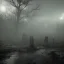 Placeholder: fog graveyard, human hybrid spirit ghost black open mouth screaming in anger, lightening from the ground to the sky, , hell opening up