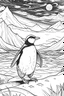 Placeholder: A cute penguin waddling on an icy shoreline, with snow-capped mountains in the background and a sky filled with dancing northern lights.with a pencil sketch in black and white for coloring book