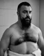 Placeholder: full figure shot photography of a burly chubby turkish prisoner , 55 years old shirtless in white dirty pants, long beard, long hair , in a dark prison, dirty, ugly, bullneck, muscular, manly chest, shirtless, bulge, misery and poverty, emotive eyes, photorealistic, ultradetailed, 32k, side view from below, dim light