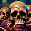 Placeholder: a picture of a dark, comedic, anatomically correct wall of colorful tightly packed skulls of varying sizes and expressions, photo realistic, insanely meticulous, highly detailed, part of a collection of bones on display, 64k, dystopian, vray