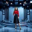 Placeholder: make a picture pretty stage made of metallic blue-gray teme 3d recursive cubic and sphere and cylinder base structures and a beautiful fashion model lady posing with cute in black and white and the scene is in color,with dark red top and pretty pleated midi skirt ,makeup curvy long hair,dynamic camera zoom to full body and pan, dynamic lights.