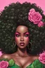 Placeholder: create an comic book art image of an african curvy female looking to the side with a large mane of curly black afro. prominent make up with hazel eyes. Highly detailed hair. Background of pink and green roses surrounding her