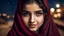 Placeholder: Hyper Realistic Photographic-close-view of Young Beautiful Pashto Girl with-beautiful-eyes-&-lips in a Maroon-dress peeking from-her black-shawl & giving bold expressions-with-little-smile riverside at beautiful moonlight-night showing dramatic & cinematic ambiance.