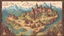 Placeholder: Бумажная карта в средневековом стиле с нарисованными горами равнинами и замков 2d pixelart