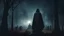 Placeholder: A mysterious creepy giant figure in a black robe rises through the fog over a dark, ominous cemetery at night. Cinematic style.