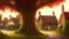 Placeholder: A photorealistic image of a red-haired, slender fantasy woman, winking and smiling, standing in a village common, surrounded by many thatched cottages and shops, under a large tree, early in the morning.
