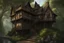 Placeholder: large medieval gothic, treehouse inn, with a balcony, next to a sloping, cobbled road, in a wood, dense foliage, photo-realistic