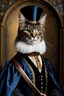 Placeholder: A Renaissance portrait in the style of van eyck, a distinguished looking cat dressed as a duke wearing a monocle, he holds a riding crop, a nearly black background, a photo of a masterpiece of medieval portraiture