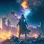 Placeholder: post apocalyptic space sorcerer casting spells, explosion behind, destroyed city, night starry sky, epic cinematic fight scene, 8k resolution, photorealistic, ultra detailed, macro photography