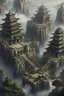 Placeholder: Fantasy area on mountain with many man made structures made of stone with big details. Style of structures is: rigid, spherical, big details. Big stone blocks, NOT ASIAN THEMED . Big structure carved in mountain with big gate leading into mountain. Style: concept art. Mood: foggy, desaturated. View: top down game