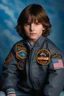 Placeholder: 10-year-old Tom Cruise is posing for his school picture wearing a flight jacket adorned with flying patches - Sparkling, Sky blue Background, professional quality studio 8x10 UHD Digital photograph by Scott Kendall - multicolored spotlight, Photorealistic, realistic stock photo, Professional quality Photograph. colored Fog