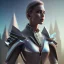 Placeholder: A handsome woman standing in front of a church, futuristic design, a paradise in background, close-up face, geometric armor, female face, 3d unreal engine, black face, close up armor