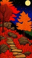 Placeholder: Autumn colors, peaceful, Egon Schiele, Max Ernst, night sky filled with galaxies and stars, rocks, trees, flowers, one-line drawing, sharp focus, 8k, deep 3d field, intricate, ornate, one million strokes. strong colors
