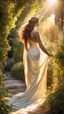 Placeholder: the timeless beauty of a Grecian goddess in a sunlit garden. Highlight the flowing drapery, golden sunlight filtering through the foliage, and the serene expression of the goddess