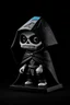 Placeholder: funko skeleton in a black hooded cloak drawn in a retro mascot style, inside a light diamond shape on a black background, monochromatic